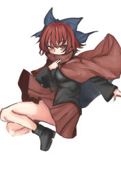 Rule 34 | 1girl, absurdres, black footwear, black shirt, blue bow, boots, bow, bright pupils, cloak, covered mouth, full body, hair bow, high collar, highres, kuraki, long sleeves, pleated skirt, red cloak, red eyes, red hair, red skitr, sekibanki, shirt, short hair, simple background, skirt, solo, touhou, white background