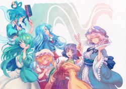 6+girls alternate_costume bad_id bad_pixiv_id blonde_hair blue_eyes blue_hair blush breasts cleavage flandre_scarlet flower frog_hair_ornament green_eyes green_hair hair_flower hair_ornament hair_rings hair_stick hat hieda_no_akyuu japanese_clothes kaku_seiga kimono kochiya_sanae kumoi_ichirin large_breasts long_hair long_sleeves looking_at_viewer multiple_girls open_mouth pink_hair purple_eyes purple_hair red_eyes saigyouji_yuyuko shawl short_hair smile snake terrajin touhou triangular_headpiece