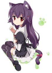 Rule 34 | 10s, 1girl, animal ears, bad id, bad pixiv id, black hair, blush, book, cat ears, cat tail, dress, from behind, hercule barton, long hair, looking at viewer, looking back, paw print, red eyes, school uniform, simple background, sitting, smile, solo, tail, tantei opera milky holmes, tareme, thighhighs, tsukigami runa, wariza