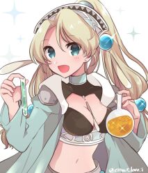 1girl :d atelier_(series) atelier_marie blonde_hair blue_eyes breasts cleavage coat commentary_request cowboy_shot crop_top earrings flask green_coat hair_ornament hands_up haruna_(citrus_love_i) holding holding_flask jewelry long_hair long_sleeves looking_at_viewer low-tied_long_hair marie_(atelier) medium_breasts midriff navel open_mouth round-bottom_flask smile solo twitter_username white_background