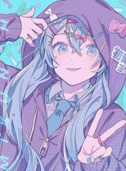 Rule 34 | 1girl, 39, :p, aqua eyes, aqua hair, aqua nails, aqua necktie, bandaid, bandaid on neck, blue eyes, blue hair, bow, collar, commentary, frilled collar, frills, grey hoodie, hair ornament, hatsune miku, headset, highres, hood, hood pull, hoodie, jewelry, light blush, long hair, looking at viewer, miku day, mznk 81, necktie, partially unzipped, pink bow, ring, shirt, smile, solo, spring onion, tongue, tongue out, twintails, v, vocaloid, white bow, white shirt