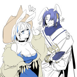 Rule 34 | 1boy, 1girl, absurdres, alchemy stars, amol 0522, animal ears, azure (alchemy stars), blue eyes, blue gloves, blue hair, breasts, brown coat, brown headwear, choker, cleavage, closed eyes, coat, dress, earrings, fingerless gloves, gloves, grin, hand up, hat, highres, jewelry, large breasts, long sleeves, looking up, notice lines, novio (alchemy stars), off shoulder, own hands together, parted bangs, partially colored, rabbit ears, scarf, short hair, sidelocks, sleeveless, sleeveless dress, smile, upper body