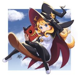 Rule 34 | blonde hair, blue eyes, book, broom, broom riding, flying, hat, holding, holding book, jewelry, luca (majo no ryodan), mateus upd, pendant, refrain no chika meikyuu to majo no ryodan, sky, witch, witch hat