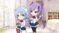 Rule 34 | 2girls, ahoge, assault lily, bed, black thighhighs, blue hair, blue skirt, blurry, blurry background, blush, bow, bowtie, brown pantyhose, brown thighhighs, brushing another&#039;s hair, brushing hair, chair, chibi, closed mouth, day, feet out of frame, frilled skirt, frills, garter straps, hair brush, hair down, hair ornament, hair ribbon, hands up, herensuge girls academy school uniform, holding, holding another&#039;s hair, holding hair brush, holding hair ornament, indoors, jacket, long hair, long sleeves, looking at another, makino mitake, matsumura fuuka, miniskirt, multiple girls, official art, on chair, pantyhose, parted bangs, parted lips, pink eyes, pink ribbon, plant, pleated skirt, purple hair, red bow, red bowtie, ribbon, school uniform, shelf, sitting, skirt, smile, sparkle, standing, sunlight, tassel, tassel hair ornament, thighhighs, thighhighs over pantyhose, twintails, unworn hair ornament, watermark, white jacket, yellow eyes