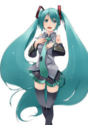 Rule 34 | 1girl, aize, aqua eyes, aqua hair, detached sleeves, female focus, hatsune miku, headphones, headset, long hair, necktie, open mouth, simple background, skirt, solo, thighhighs, twintails, very long hair, vocaloid, white background, zettai ryouiki