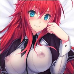 Rule 34 | 10s, 1girl, ahoge, blue eyes, blush, breasts, capelet, covered erect nipples, hair between eyes, high school dxd, large breasts, long hair, long sleeves, looking at viewer, nipples, no bra, red hair, rias gremory, see-through, smile, solo, transparent