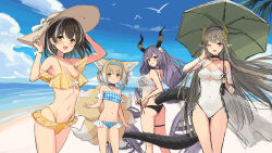 Rule 34 | 4girls, animal ears, arknights, ass, beach, bikini, black bikini, blonde hair, blue bikini, blue hairband, blue sky, braid, breasts, brown hair, brown headwear, cleavage, clothing cutout, criss-cross halter, day, earrings, fox ears, fox girl, fox tail, from behind, green eyes, hair rings, hairband, halterneck, hat, highres, holding, holding umbrella, jewelry, large breasts, long hair, looking at viewer, magallan (arknights), muelsyse (arknights), multicolored hair, multiple girls, multiple tails, navel, one-piece swimsuit, outdoors, palm leaf, plaid, plaid bikini, purple eyes, purple hair, sand, sigm@, sky, stomach, strapless, strapless bikini, streaked hair, sun hat, suzuran (arknights), swimsuit, tail, typhon (arknights), umbrella, underboob cutout, very long hair, water, white hair, white one-piece swimsuit, wind, yellow eyes