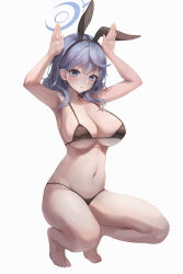 Rule 34 | 1girl, absurdres, ako (blue archive), animal ears, arms up, barefoot, bikini, black bikini, blue archive, blue eyes, blue hair, breasts, fake animal ears, feet, full body, halo, hamong0, highres, large breasts, looking at viewer, navel, nontraditional playboy bunny, rabbit pose, simple background, solo, squatting, stomach, string bikini, swimsuit, thighs, toes, white background