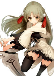 Rule 34 | 1girl, atelier (series), atelier ayesha, black thighhighs, blurry, depth of field, dress, green hair, hair ornament, holding, leg up, linca (atelier), long hair, looking at viewer, parsley-f, solo, sword, thighhighs, weapon, white background, yellow eyes