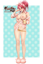 Rule 34 | 1girl, bare legs, blouse, blush, breasts, breasts out, coffee mug, collarbone, copyright name, cup, floral print, full body, gang of heaven, groin, hair ribbon, holding, large areolae, large breasts, legs apart, long hair, long sleeves, looking down, masami chie, mug, nipples, no bra, official art, open mouth, outside border, pajamas, panties, partially unbuttoned, pink shirt, polka dot, polka dot background, ponytail, print shirt, red eyes, red hair, ribbon, shirt, sidelocks, slippers, solo, standing, underwear, yellow panties