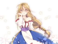 Rule 34 | 1girl, arc the lad, bare shoulders, blonde hair, braid, breasts, brown eyes, collarbone, dress, izumi kouyou, lieza (arc the lad), long hair, looking at viewer, low-tied long hair, open mouth, signature, simple background, single braid, solo, very long hair