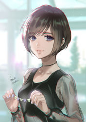 Rule 34 | 1girl, artist name, blurry, blurry background, bob cut, brown hair, chromatic aberration, collarbone, depth of field, holding, light particles, lips, long sleeves, midori foo, nail polish, original, parted lips, pennant, purple eyes, purple nails, see-through, short hair, solo, string of flags, upper body