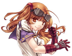 Rule 34 | 1girl, blazing souls, brown eyes, brown hair, gloves, goggles, goggles on head, hirano katsuyuki, lyedia, lyedia (spectral souls), official art, short hair, smile, solo, spectral (series), twintails, white background