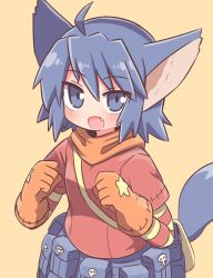 Rule 34 | 1girl, :d, ahoge, animal ears, belt, blue eyes, blue hair, cat ears, cat girl, cat tail, fang, gloves, highres, looking at viewer, naga u, open mouth, orange gloves, orange scarf, orange shirt, pouch, scarf, shirt, short hair, short sleeves, simple background, smile, solo, striped sleeves, summon night, summon night 2, tail, yellow background, yuel