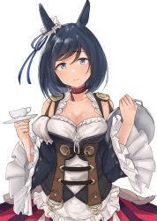 Rule 34 | 1girl, animal ears, black hair, black sleeves, blue eyes, breasts, cleavage, closed mouth, cup, detached sleeves, eishin flash (umamusume), frilled sleeves, frills, hair between eyes, hands up, head tilt, highres, holding, holding saucer, holding tray, horse ears, layered sleeves, long sleeves, looking at viewer, medium breasts, nyakonro (nekonro), puffy short sleeves, puffy sleeves, saucer, short over long sleeves, short sleeves, simple background, skirt, smile, solo, striped clothes, striped skirt, tray, umamusume, vertical-striped clothes, vertical-striped skirt, white background, wide sleeves