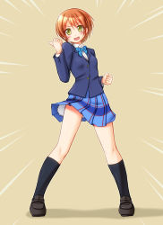 Rule 34 | &gt;:d, 10s, 1girl, :d, blazer, blue bow, blue bowtie, blue socks, blush, bow, bowtie, clenched hand, emphasis lines, full body, hoshizora rin, jacket, kneehighs, long sleeves, looking at viewer, love live!, love live! school idol project, miniskirt, open mouth, orange hair, plaid, plaid skirt, shoes, short hair, simple background, skirt, smile, socks, solo, standing, striped bow, striped bowtie, striped clothes, striped neckwear, tan background, thumbs up, utomo, v-shaped eyebrows, yellow eyes