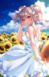 Rule 34 | 1girl, :o, back, blurry, bow, breasts, cloud, commentary request, day, depth of field, dress, drill hair, field, floating hair, flower, flower field, frilled dress, frills, from side, hair bow, hair ribbon, hat, highres, holding, holding clothes, holding hat, idolmaster, idolmaster cinderella girls, kanzaki ranko, looking at viewer, looking back, medium breasts, petals, red eyes, revision, ribbon, scrunchie, shashaki, silver hair, sky, solo, straw hat, sundress, sunflower, sunflower field, sunflower petals, twin drills, twintails, unworn hat, unworn headwear, white bow, white dress, white ribbon, wind, wind lift, wrist scrunchie