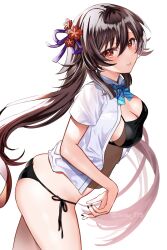 Rule 34 | 1girl, :p, alternate breast size, ass, black bra, blush, bow, bowtie, bra, breasts, brown hair, collared shirt, flower, flower-shaped pupils, genshin impact, hair between eyes, highres, hu tao (genshin impact), large breasts, long hair, looking at viewer, open clothes, open shirt, pleated skirt, red eyes, school uniform, seiru (prairie), shirt, short sleeves, skirt, solo, symbol-shaped pupils, thighs, tongue, tongue out, twitter username, underwear, very long hair