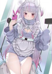 Rule 34 | 1girl, absurdres, animal ears, apron, bandaid on thigh, blue bow, blush, bow, breasts, cellphone, cleavage, cleavage cutout, clothing cutout, frilled apron, frills, gradient hair, grey hair, grey jacket, grey leotard, hair ornament, hairclip, heart, highres, jacket, jersey maid, kairi (miry666), kneeling, leg warmers, leotard, leotard under clothes, long hair, long sleeves, looking at viewer, maid, maid headdress, multicolored hair, official alternate costume, phone, pink hair, purple eyes, purple hair, rabbit ears, selfie, short eyebrows, sleeves past fingers, sleeves past wrists, small breasts, smartphone, solo, streaked hair, thick eyebrows, thighs, tosaki mimi, turtleneck, turtleneck jacket, unconventional maid, unzipped, very long hair, virtual youtuber, vspo!, white apron, zipper pull tab