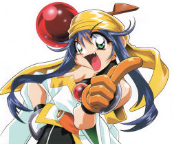 Rule 34 | 1990s (style), 1girl, bandana, blue hair, fang, from side, gloves, green eyes, highres, kotobuki tsukasa, lime (saber j), official art, open mouth, retro artstyle, saber marionette j, simple background, solo, white background