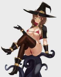 Rule 34 | 1girl, ass, bikini, boots, breasts, brown hair, crossed legs, gloves, green eyes, hat, highres, houtengeki, large breasts, medium hair, micro bikini, original, sitting, skindentation, solo, swimsuit, tentacles, thighhighs, tongue, tongue out, witch hat