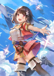 Rule 34 | 1girl, :d, blue sky, blush, boots, brown footwear, brown gloves, brown hair, brown thighhighs, character request, cloud, commentary request, cropped jacket, day, eiyuu densetsu, feathers, flower, gloves, hair flower, hair ornament, head tilt, himonoata, holding, holding sword, holding weapon, jacket, looking at viewer, multiple girls, open mouth, outdoors, puffy short sleeves, puffy sleeves, red eyes, red jacket, red skirt, sheath, shirt, short hair, short sleeves, single glove, skirt, sky, smile, solo, sparkle, sword, thigh boots, thighhighs, unsheathed, weapon, white flower, white shirt