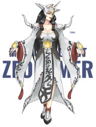 Rule 34 | 1girl, black hair, breasts, character name, chinese commentary, cleavage, copyright name, dress, eyeshadow, hades project zeorymer, highres, horns, jinri shijie, large breasts, long hair, looking down, makeup, parted lips, personification, red eyeshadow, single horn, smile, solo, white dress, wide sleeves, yellow eyes, zeorymer