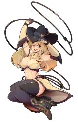 Rule 34 | :d, ankle boots, bad id, bad twitter id, bandana, bikini, black footwear, black hat, blonde hair, boots, breasts, commentary, cowboy hat, elbow gloves, english commentary, full body, glint, gloves, green eyes, grey gloves, grey thighhighs, hand on headwear, hand up, hat, high heel boots, high heels, highres, holding lasso, large breasts, lasso, lipstick, long hair, looking at viewer, makeup, multicolored clothes, multicolored gloves, navel, open mouth, original, red lips, sheriff badge, simple background, slugbox, smile, solo, swimsuit, thighhighs, waist cape, white background