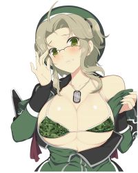 Rule 34 | 1girl, bare shoulders, bikini, bikini under clothes, blush, breasts, camouflage, camouflage bikini, cleavage, embarrassed, frown, glasses, green eyes, green headwear, hat, highres, imu (senran kagura), jacket, large breasts, light brown hair, long sleeves, looking at viewer, military hat, open clothes, open jacket, opened by self, parted bangs, partially unbuttoned, rimless eyewear, semi-rimless eyewear, senran kagura, senran kagura shinovi versus, short twintails, standing, swimsuit, twintails, under-rim eyewear, underwear, yaegashi nan