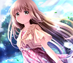 Rule 34 | 1girl, blue sky, blurry, blurry background, blush, bracelet, brown eyes, brown hair, closed mouth, cloud, cloudy sky, commentary request, day, depth of field, dress, idolmaster, idolmaster cinderella girls, idolmaster cinderella girls starlight stage, jewelry, leaf, long hair, outdoors, plaid, plaid dress, red dress, sky, smile, solo, sui. (ayase), very long hair, water, yorita yoshino