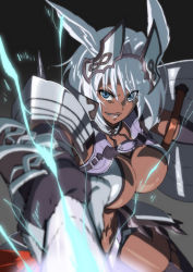 Rule 34 | 1girl, abs, animal ears, armor, bikini, black gloves, blue eyes, breasts, caenis (fate), cleavage, dark-skinned female, dark skin, elbow gloves, electricity, fate/grand order, fate (series), faulds, gauntlets, gloves, halterneck, headpiece, highleg, highleg bikini, highres, large breasts, long hair, looking at viewer, navel, open mouth, pauldrons, polearm, revision, shield, shoulder armor, smile, solo, spear, swimsuit, thighs, very long hair, weapon, white hair, yuukami (wittsu)