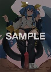 Rule 34 | 1boy, 1girl, angel wings, ao (aocooler), asymmetrical wings, bare shoulders, bdsm, black panties, blue hair, breasts, censored, choker, cleavage, closed mouth, commission, detached collar, detached sleeves, dizzy (guilty gear), erection, guilty gear, guilty gear xrd, hair ornament, hair ribbon, hair rings, heart, large breasts, long hair, monster girl, mosaic censoring, panties, penis, red eyes, ribbon, sample watermark, scowl, sidelocks, skeb commission, smile, spoken heart, stepped on, tail, tail ornament, tail ribbon, thick thighs, thigh strap, thighs, twintails, underwear, watermark, wings, yellow ribbon