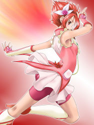Rule 34 | 00s, 1girl, armpits, cure rouge, magical girl, natsuki rin, precure, red background, red eyes, red hair, red shorts, red theme, short hair, shorts, shorts under skirt, solo, spiked hair, yaso shigeru, yes! precure 5, yes! precure 5 gogo!