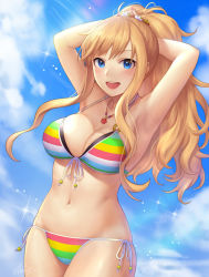 Rule 34 | 1girl, :d, armpits, arms behind head, arms up, bikini, blonde hair, blue eyes, blush, breasts, cleavage, cloud, cloudy sky, commentary request, cowboy shot, day, flower, front-tie bikini top, front-tie top, hair flower, hair ornament, halterneck, idolmaster, idolmaster cinderella girls, jewelry, large breasts, long hair, looking back, multicolored bikini, multicolored clothes, nail polish, navel, necklace, nhaliz, ohtsuki yui, open mouth, outdoors, pendant, pink lips, pink nails, ribbon, round teeth, side-tie bikini bottom, side ponytail, skindentation, sky, smile, solo, sparkle, stomach, string bikini, striped bikini, striped clothes, swimsuit, teeth, upper teeth only, wavy hair, white ribbon