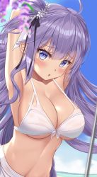 Rule 34 | 1girl, ahoge, alternate breast size, armpits, arms behind head, arms up, azur lane, bare shoulders, bikini, blue eyes, blurry, breasts, cleavage, collarbone, depth of field, flower, front-tie bikini top, front-tie top, hair ornament, halterneck, highres, large breasts, long hair, looking at viewer, navel, one side up, outdoors, parted lips, purple flower, purple hair, sarong, shenqi (toid310), solo, stomach, string bikini, swimsuit, unicorn (azur lane), very long hair, white bikini, wisteria