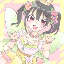 Rule 34 | 1girl, artist name, artist request, black hair, blush, bow, bracelet, breasts, butterfly wings, collarbone, crown, diamond (gemstone), double m/, dress, female focus, flat chest, flower, flower bracelet, flower necklace, frilled dress, frilled skirt, frills, gloves, hair between eyes, hair bow, hair flower, hair ornament, hair ribbon, highres, insect wings, jewelry, leaf hair ornament, long hair, looking at viewer, love live!, love live! school idol festival, love live! school idol project, mini crown, miniskirt, multicolored clothes, multicolored skirt, necklace, nico nico nii, parted lips, pearl bracelet, pink flower, pink skirt, plaid, plaid dress, plaid skirt, pleated, pleated dress, pleated skirt, puffy short sleeves, puffy sleeves, red eyes, red flower, red ribbon, red skirt, ribbon, short hair, short sleeves, short twintails, skirt, small breasts, smile, solo, twintails, white dress, white flower, white gloves, wings, yazawa nico, yellow bow, yellow gloves, yellow skirt