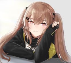 Rule 34 | 1girl, armband, bad id, bad pixiv id, black ribbon, black scarf, blush, brown eyes, brown hair, commentary request, elbow rest, fingerless gloves, girls&#039; frontline, gloves, hair between eyes, hair ornament, head on hand, jacket, long hair, looking at viewer, neck ribbon, p981877, ribbon, scar, scar across eye, scar on face, scarf, shirt, sidelocks, simple background, smile, solo, twintails, ump9 (girls&#039; frontline), white shirt