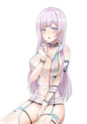 Rule 34 | 1girl, artist request, bare shoulders, blush, breasts, collarbone, d4dj, dress, gloves, grey eyes, highres, izumo saki, large breasts, long hair, looking at viewer, nipples, no panties, open mouth, purple hair, simple background, solo, tagme, wet, wet clothes, white dress