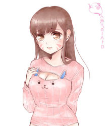 Rule 34 | 1girl, adapted costume, arm behind back, bad id, bad pixiv id, blush, breasts, brown eyes, brown hair, casual, d.va (overwatch), facial mark, hand on own chest, korean text, long hair, long sleeves, medium breasts, meme attire, open-chest sweater, overwatch, overwatch 1, pink sweater, print sweater, ribbed sweater, simple background, solo, surugi-san, sweater, swept bangs, translation request, upper body, wavy mouth, whisker markings, white background