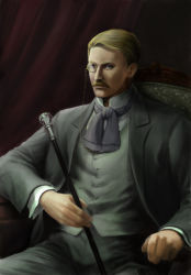 Rule 34 | 00s, 1boy, blonde hair, blue eyes, cane, chair, facial hair, formal, holding, indoors, male focus, manly, monocle, mustache, solo, tokiwa (breeze of film), victorian romance emma, wilhelm molders