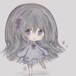 Rule 34 | 1girl, :d, bad id, bad pixiv id, barefoot, blush, bow, chibi, collared shirt, cottontailtokki, flower, full body, grey background, grey hair, grey shirt, grey skirt, hair between eyes, hair flower, hair ornament, highres, long hair, looking at viewer, open mouth, original, pleated skirt, purple bow, purple eyes, shirt, skirt, smile, solo, standing, standing on one leg, teeth, upper teeth only, very long hair, white flower