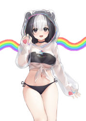 Rule 34 | 1girl, 2022 winter olympics, :d, absurdres, animal ears, bad id, bad pixiv id, bikini, bikini under clothes, black bikini, black eyes, black hair, blush, breasts, character request, commentary request, cropped hoodie, hair between eyes, hand up, highres, hood, hood up, hoodie, large breasts, looking at viewer, midriff, multicolored hair, navel, open mouth, panda ears, see-through, see-through hoodie, side-tie bikini bottom, smile, solo, standing, streaked hair, swimsuit, white hair, ziyue