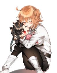 Rule 34 | 1girl, ahoge, belt, black bow, black pantyhose, black skirt, blush stickers, boots, bow, brown hair, character doll, chibirisu, closed eyes, closed mouth, collared shirt, earrings, fate/grand order, fate (series), fingernails, fujimaru ritsuka (female), fur-trimmed hood, fur trim, fur trimm, highres, hood, hoop earrings, hug, ishtar (fate), jacket, jewelry, long hair, long sleeves, one eye closed, open mouth, orange hair, pantyhose, parted bangs, pink jacket, red eyes, scrunchie, shirt, short hair, side ponytail, simple background, sitting, skirt, smile, solo, sweatdrop, tiara, tohsaka rin, twintails, two side up, white background, white footwear, white shirt
