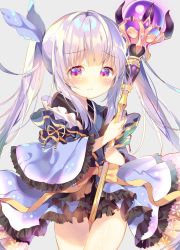 Rule 34 | 1girl, between legs, between thighs, blue kimono, blue ribbon, blush, closed mouth, grey background, hair ribbon, highres, holding, holding staff, japanese clothes, kimono, kyouka (princess connect!), long hair, long sleeves, moeno uni, orb, princess connect!, purple eyes, purple hair, ribbon, sidelocks, simple background, solo, staff, twintails, very long hair, wide sleeves