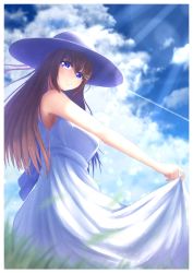 Rule 34 | 1girl, breasts, cloud, dress, from side, grass, hair ornament, hairclip, hat, highres, hololive, lens flare, long hair, looking at viewer, looking down, medium breasts, sky, smile, solo, sun hat, sunlight, tanu (ace ikachan), tokino sora, virtual youtuber, white dress, white hat