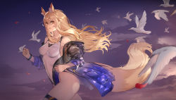 Rule 34 | 1girl, animal ear fluff, animal ears, arknights, bare shoulders, bird, blonde hair, breasts, competition swimsuit, floating hair, hair between eyes, horse ears, horse girl, horse tail, jacket, long hair, looking at viewer, medium breasts, nearl (arknights), nearl (shimmering dew) (arknights), off shoulder, official alternate costume, one-piece swimsuit, ponytail, running, ryuuzaki ichi, seagull, see-through, sidelocks, solo, sunset, swimsuit, swimsuit cover-up, tail, thighs, yellow eyes