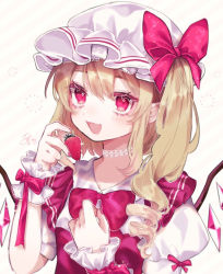 Rule 34 | 1girl, :d, adapted costume, blonde hair, blush, bow, bowtie, choker, commentary request, crystal, eyelashes, fang, flandre scarlet, food, fruit, hair between eyes, hand on own chest, hat, holding, holding food, looking at viewer, mob cap, nail polish, one side up, open mouth, puffy short sleeves, puffy sleeves, red bow, red eyes, red nails, red ribbon, ribbon, short sleeves, sidelocks, skin fang, smile, strawberry, striped, striped background, touhou, upper body, white background, wings, youtan