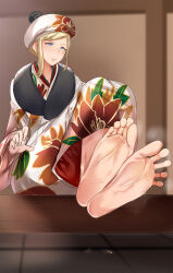 Rule 34 | 1girl, absurdres, barefoot, blonde hair, blue eyes, feet, hat, highres, japanese clothes, kantai collection, light blush, long hair, parted lips, richelieu (kancolle), soles, steam, sweat, toes