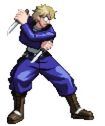 Rule 34 | austin kinnian, blonde hair, boots, diepod, fighting stance, hellhound chronicle (history asunder), jacket, knife, lowres, male focus, pixel art, short hair, sunglasses, weapon