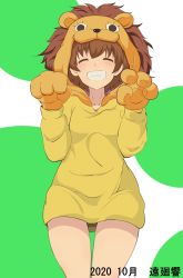 Rule 34 | 1girl, animal hands, artist name, brown eyes, brown hair, closed eyes, commentary, cowboy shot, dated, dress, facing viewer, freckles, girls und panzer, gloves, green background, grin, halloween costume, highres, hood, hood up, itgo1999sos, lion hood, long hoodie, paw gloves, paw pose, polka dot, polka dot background, short hair, smile, solo, standing, tsuchiya (girls und panzer), yellow dress, yellow gloves